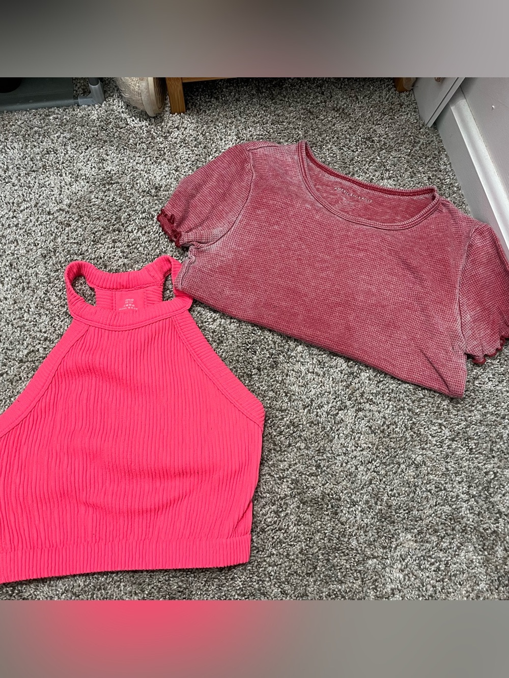 Womens aerie Women’s Pink Ribbed Halter Crop Top & Washed Short Sleeve Tee Set
